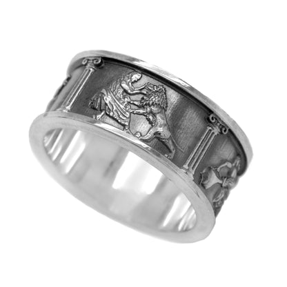 Four Cardinal Virtues sterling silver ring with oxidized medieval reliefs by INDIGO Jewelry