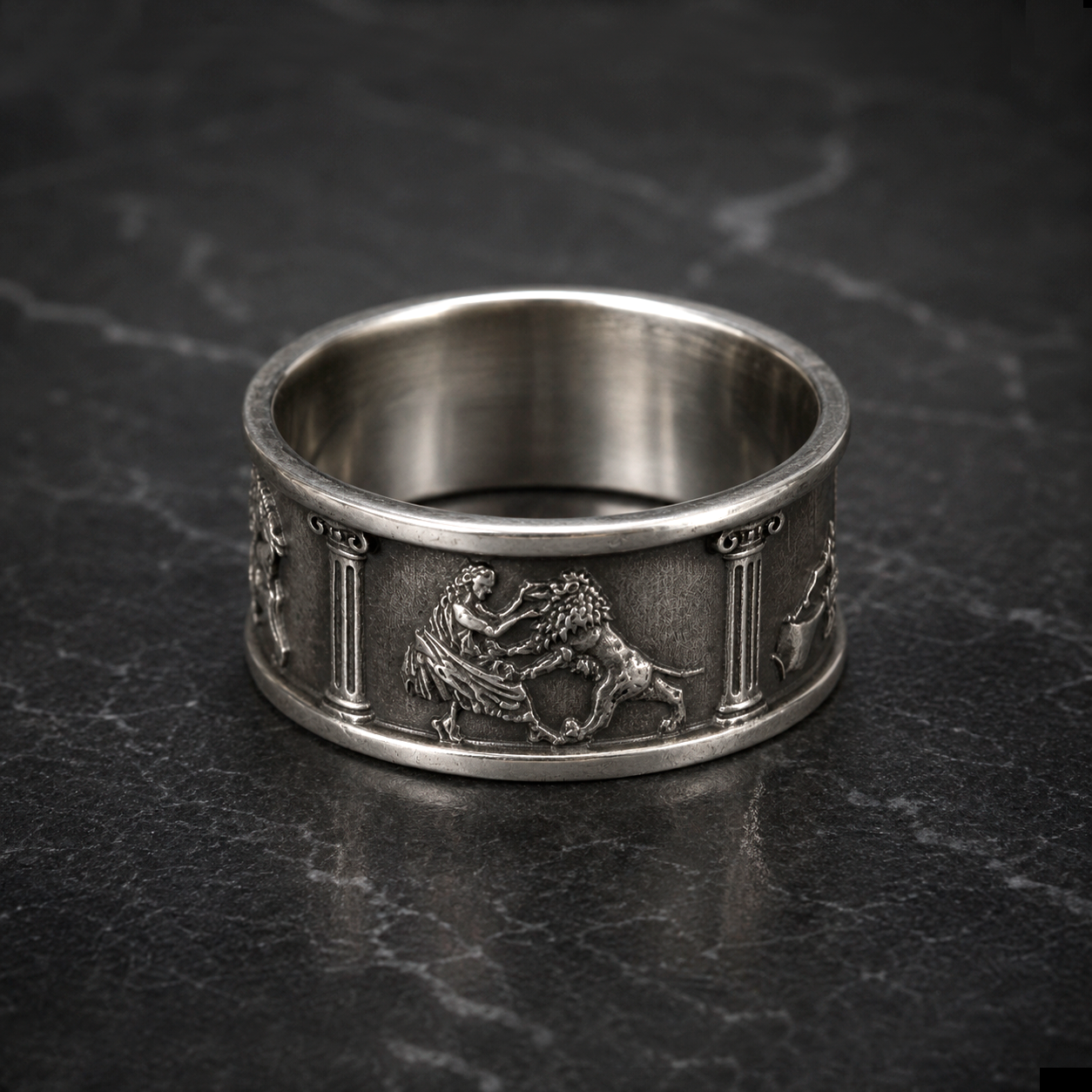 Four Cardinal Virtues silver band featuring the medieval Fortitude and lion relief