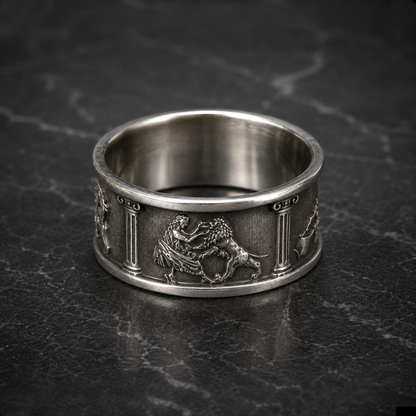 Four Cardinal Virtues silver band featuring the medieval Fortitude and lion relief