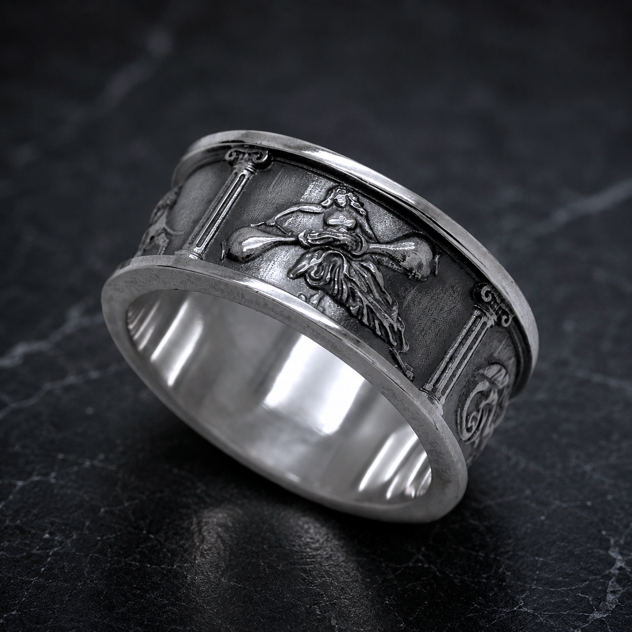 Cardinal Virtues silver ring featuring a detailed medieval Temperance relief