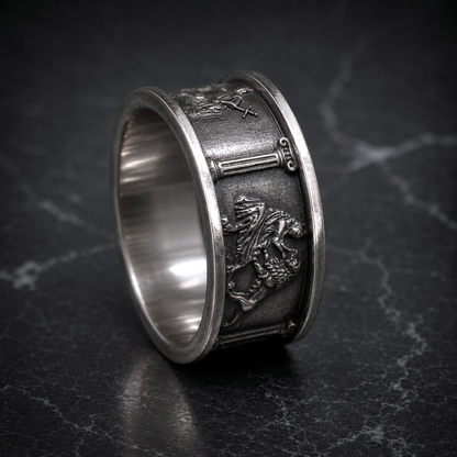 Side view of the Four Cardinal Virtues ring in oxidized sterling silver