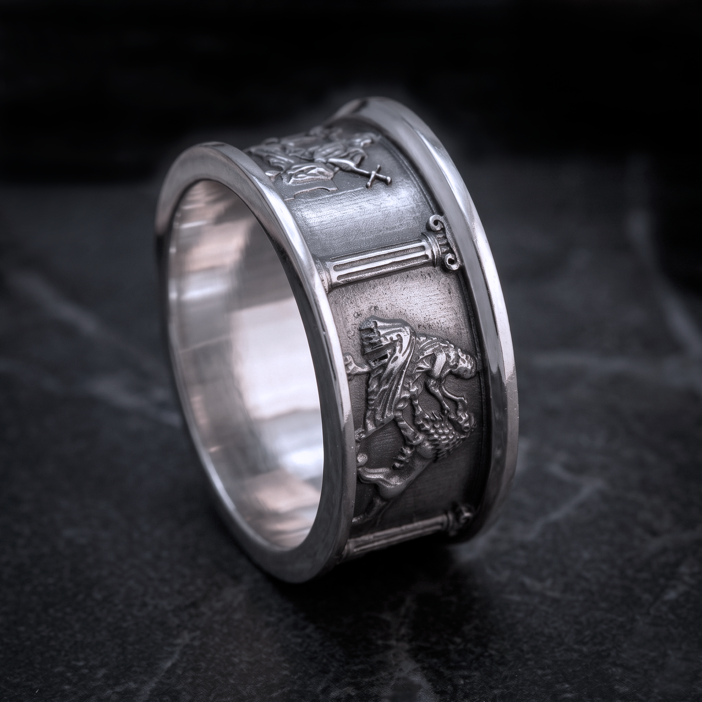 Four Cardinal Virtues sterling silver ring with oxidized medieval relief details
