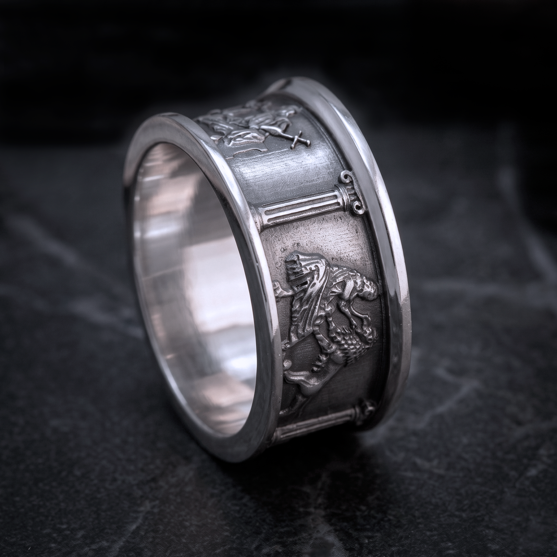 Four Cardinal Virtues sterling silver ring with oxidized medieval relief details