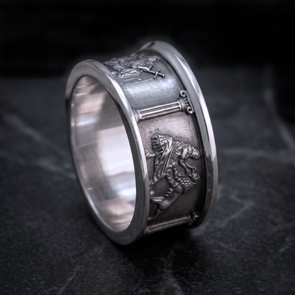 Four Cardinal Virtues sterling silver ring with oxidized medieval relief details