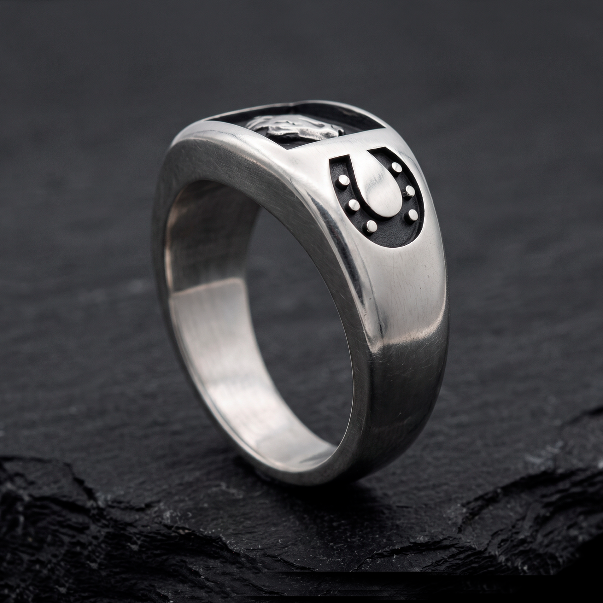 Horse and Horseshoe Sterling Silver Men's Signet Ring