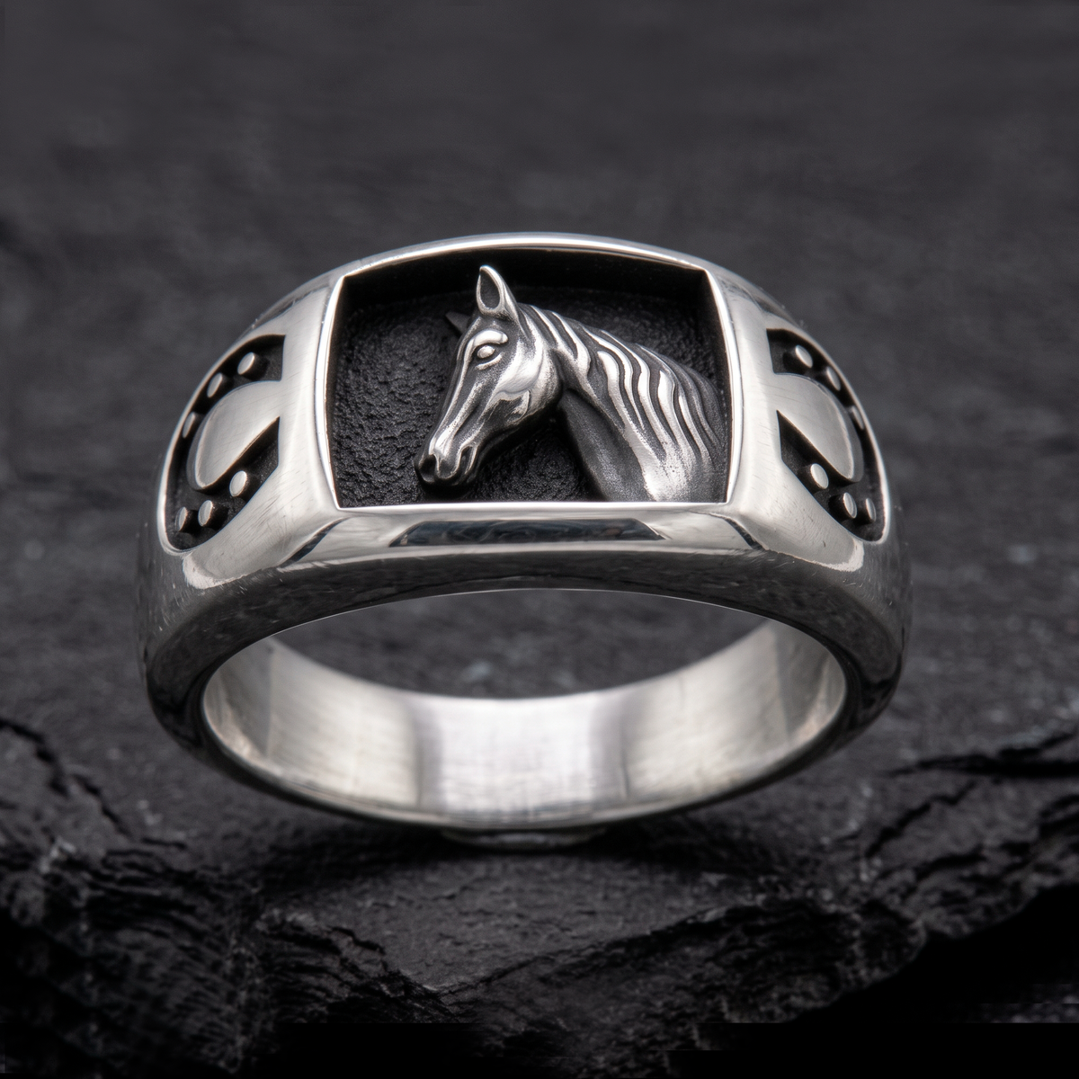Horse and Horseshoe Sterling Silver Men's Signet Ring