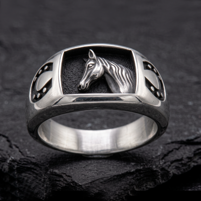 Horse and Horseshoe Sterling Silver Men's Signet Ring
