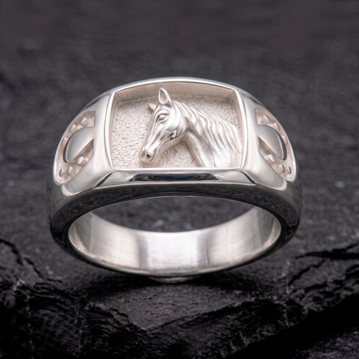 Horse and Horseshoe Sterling Silver Men's Signet Ring