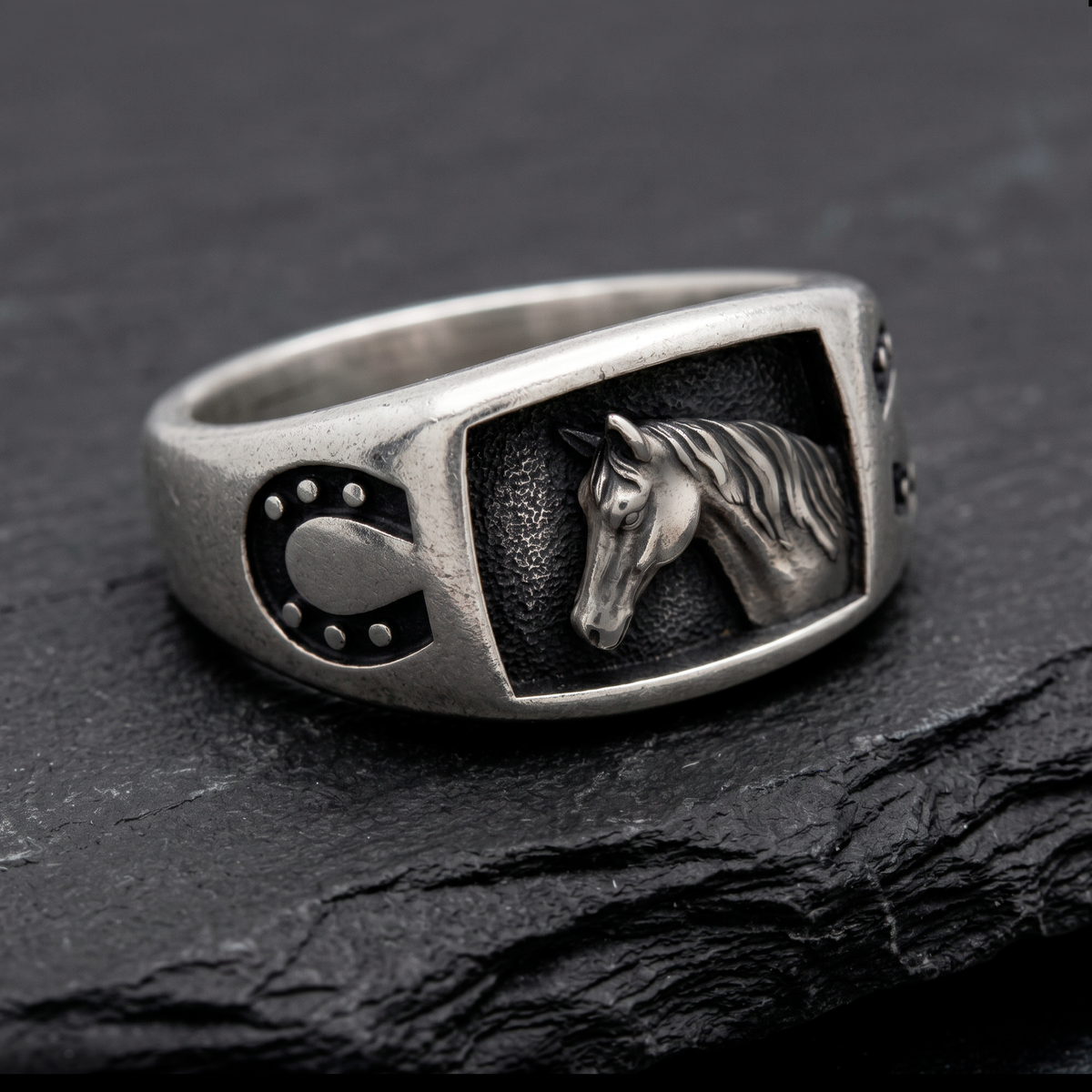Horse and Horseshoe Sterling Silver Men's Signet Ring