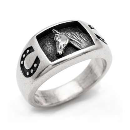 Horse and Horseshoe Sterling Silver Men's Signet Ring