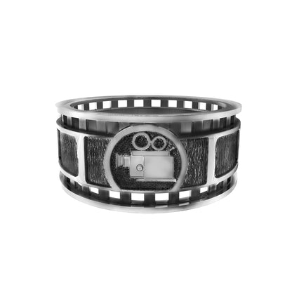 Film Frame and Old Movie Camera, Sterling Silver Band Ring