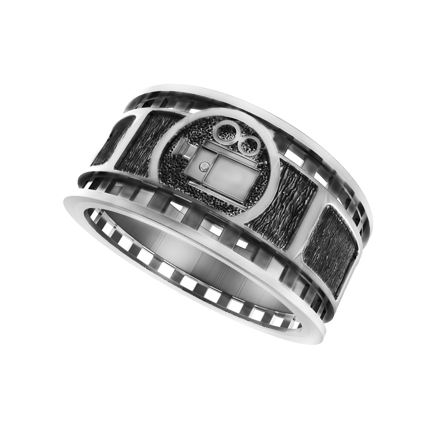 Film Frame and Old Movie Camera, Sterling Silver Band Ring