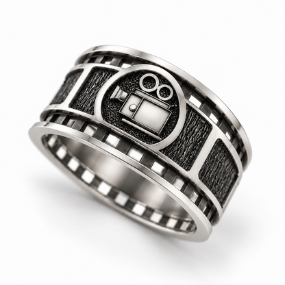Film Frame and Old Movie Camera, Sterling Silver Band Ring