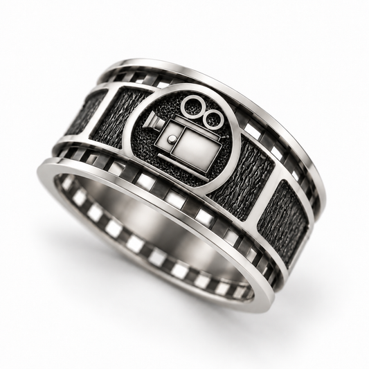 Film Frame and Old Movie Camera, Sterling Silver Band Ring
