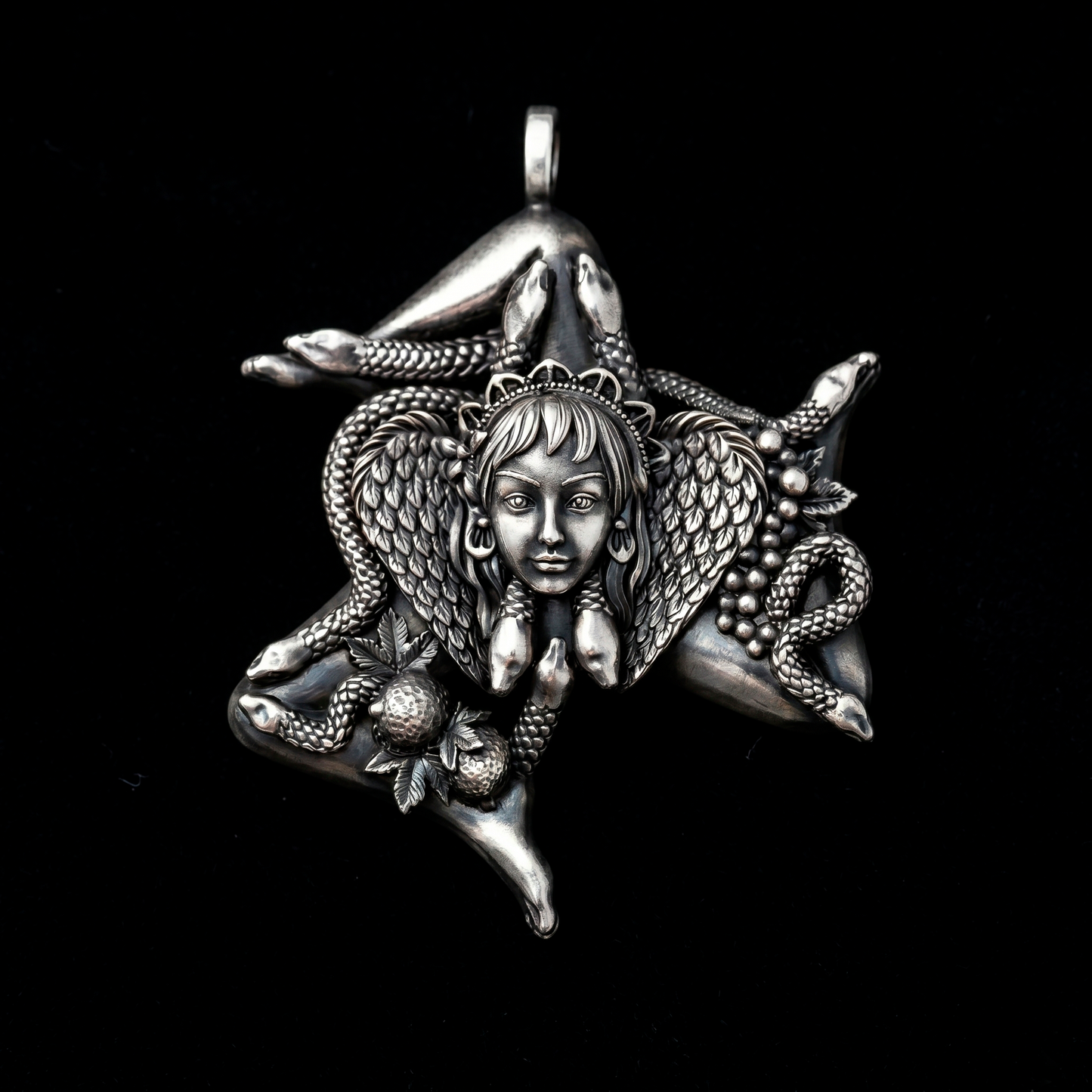 Trinacria Sicily Pendant Sterling Silver Necklace Close Up - INDIGO Jewelry