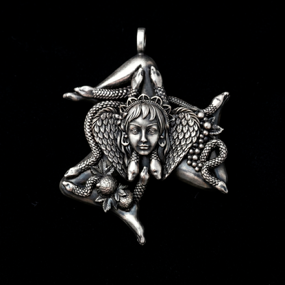 Trinacria Sicily Pendant Sterling Silver Necklace Close Up - INDIGO Jewelry