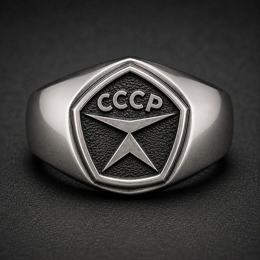 Front view of USSR Quality Mark sterling silver men's signet ring