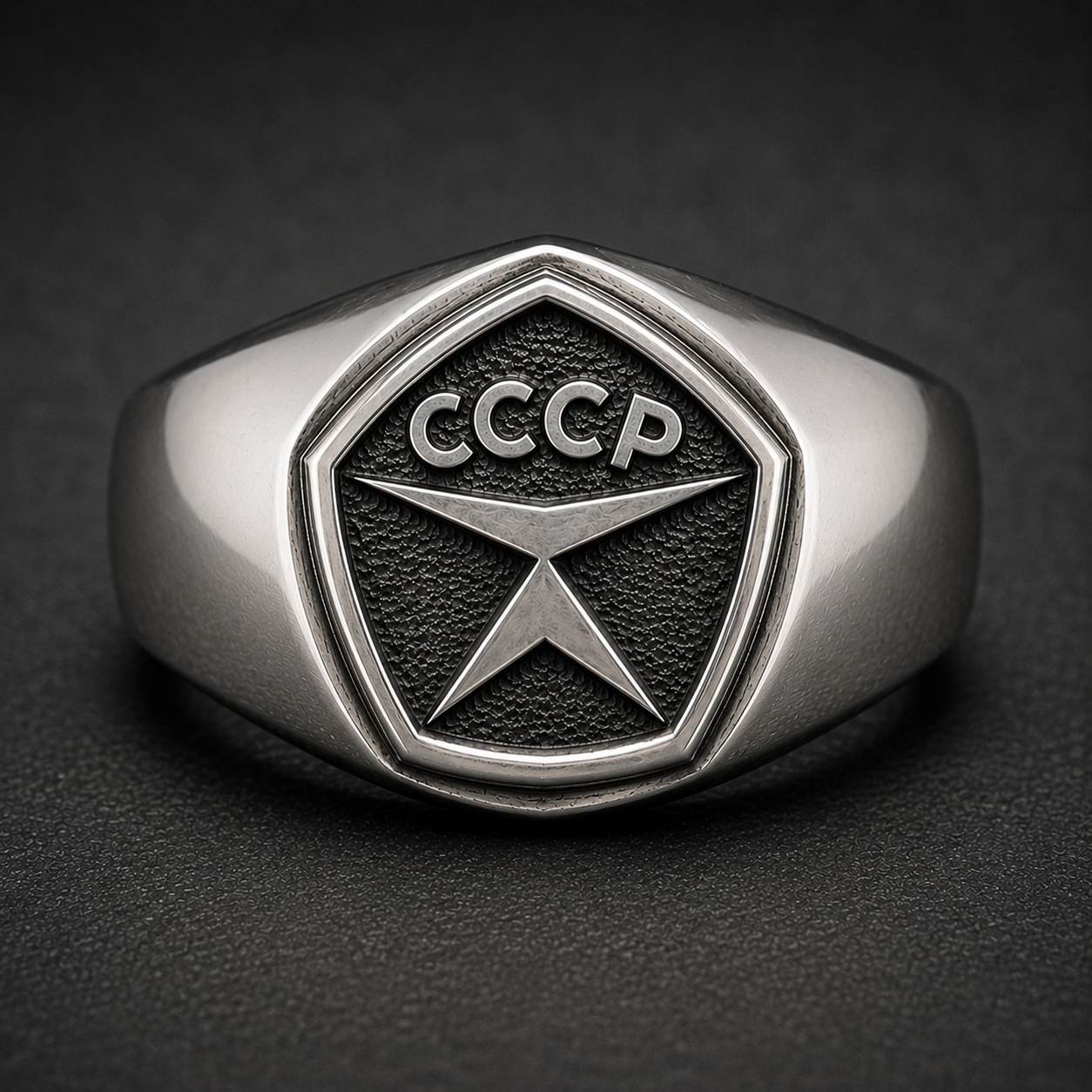 Front view of USSR Quality Mark sterling silver men's signet ring