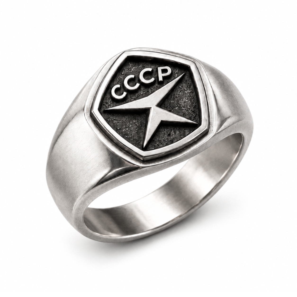 USSR Quality Mark sterling silver men's signet ring on white background