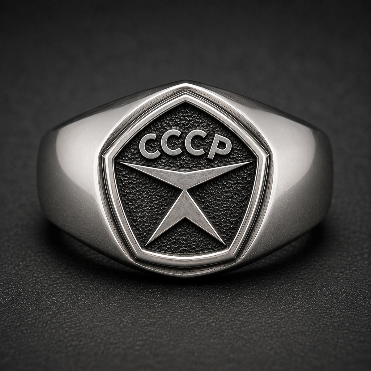 Front view of USSR Quality Mark sterling silver men's signet ring