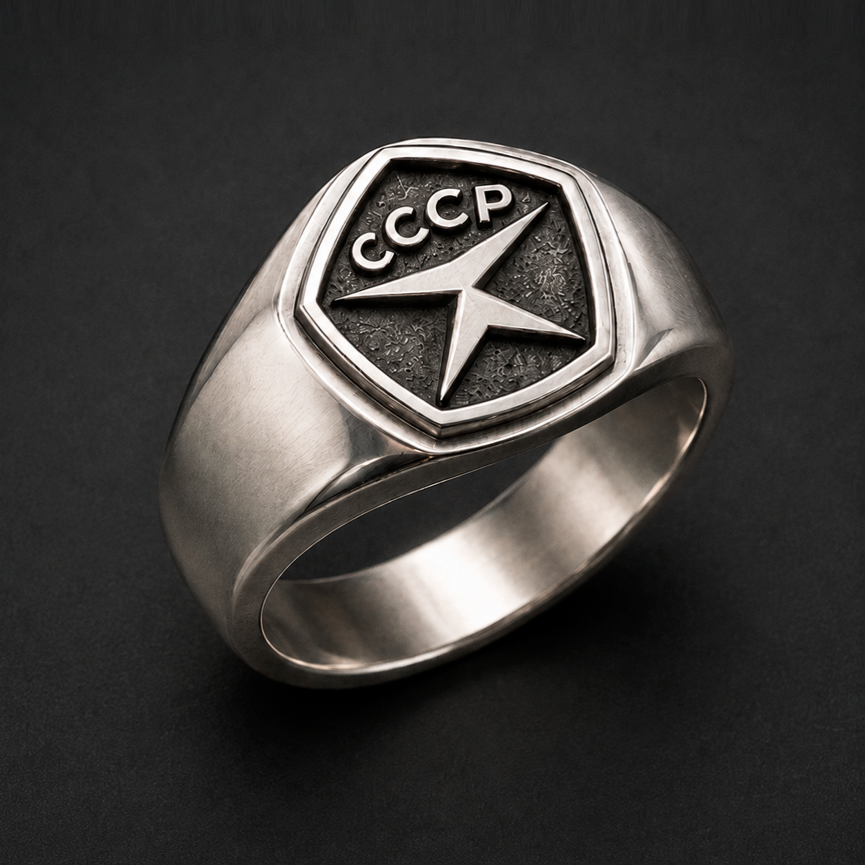 Angled view of Soviet Quality Mark sterling silver signet ring