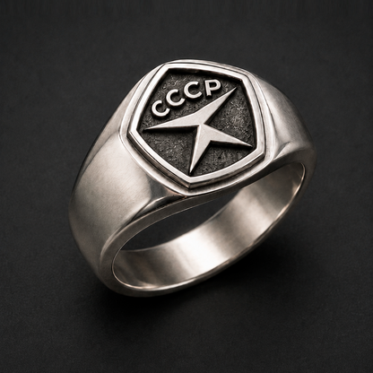 Angled view of Soviet Quality Mark sterling silver signet ring