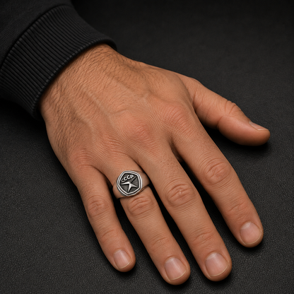 USSR Quality Mark sterling silver signet ring worn on man's hand