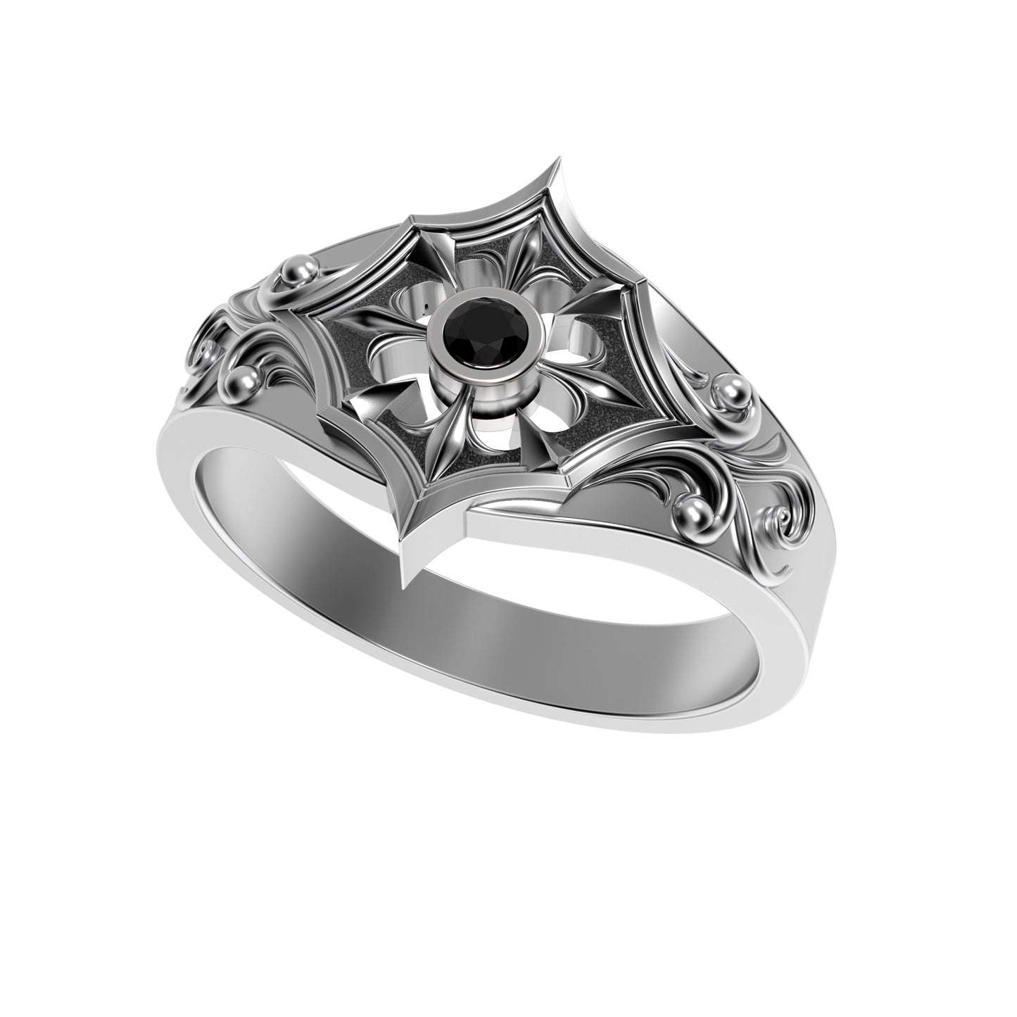 Gothic engagement ring for women made of oxidized 925 sterling silver with a round black zircon gemstone. Inspired by medieval, Viking, and knightcore aesthetics. Features floral scrollwork reminiscent of ancient armor. Ideal for gothic weddings, fantasy lovers, or alternative proposals. Handcrafted by INDIGO Jewelry for symbolic unions and meaningful expressions of devotion.