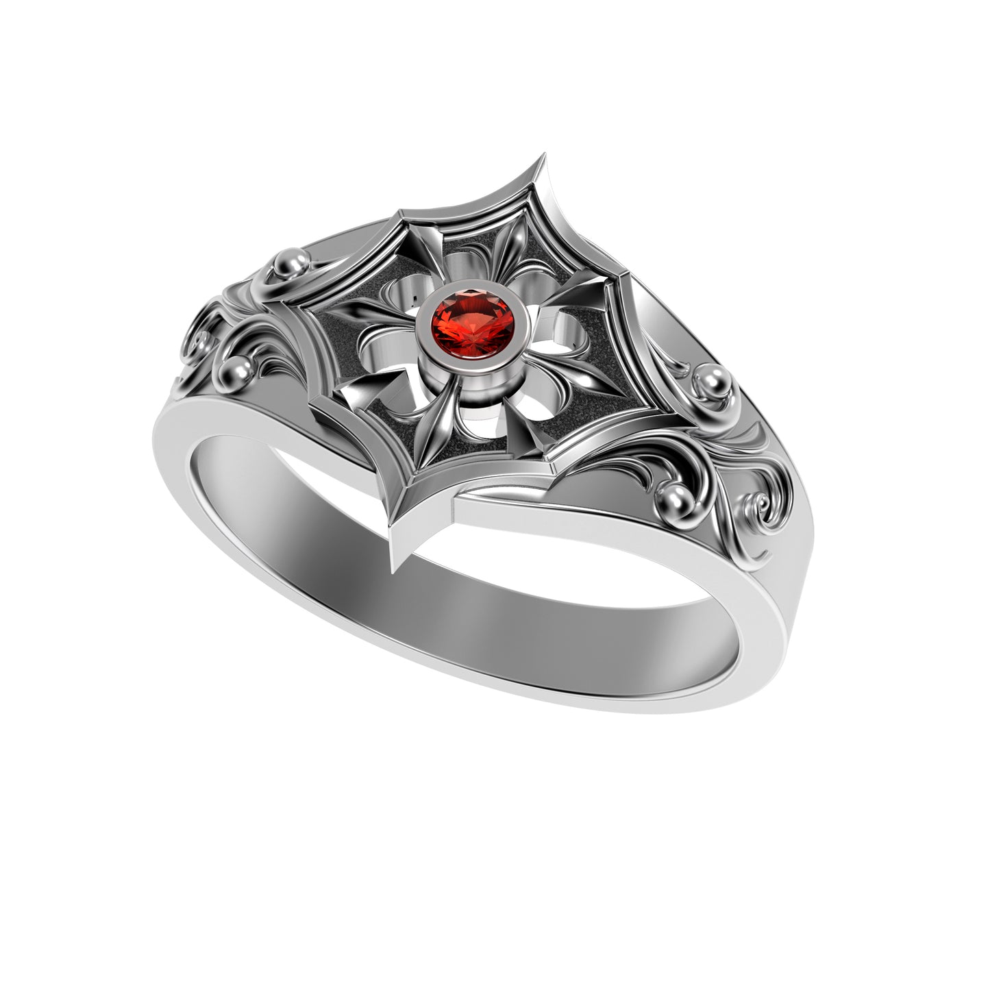 Gothic engagement ring for women made of oxidized 925 sterling silver with a round black zircon gemstone. Inspired by medieval, Viking, and knightcore aesthetics. Features floral scrollwork reminiscent of ancient armor. Ideal for gothic weddings, fantasy lovers, or alternative proposals. Handcrafted by INDIGO Jewelry for symbolic unions and meaningful expressions of devotion.