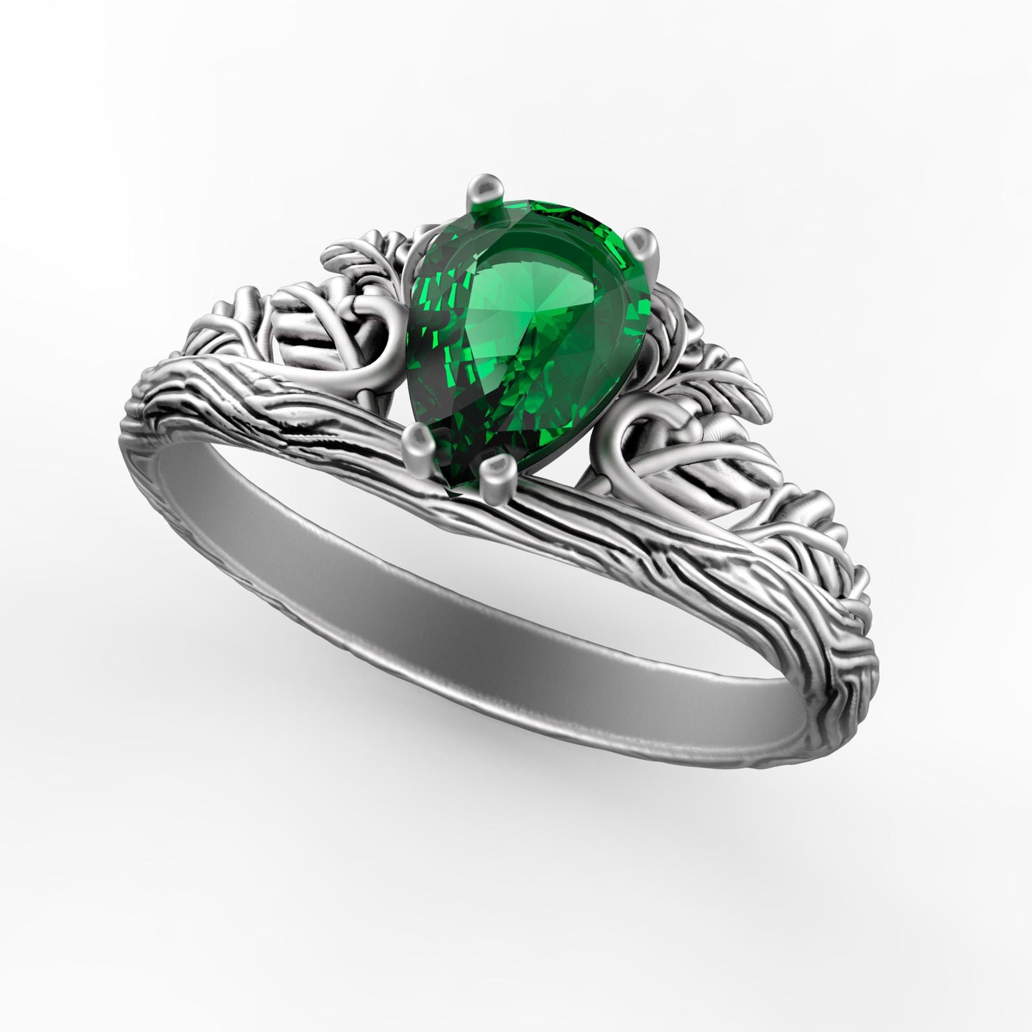 Handmade sterling silver ring with a natural green topaz gemstone. Unique branch and leaf design inspired by nature and forests. Elegant silver jewelry, perfect engagement ring or anniversary gift for her. Rustic woodland ring with a pear-cut gemstone. Symbolic jewelry for nature lovers, travelers, and those who appreciate handmade craftsmanship.