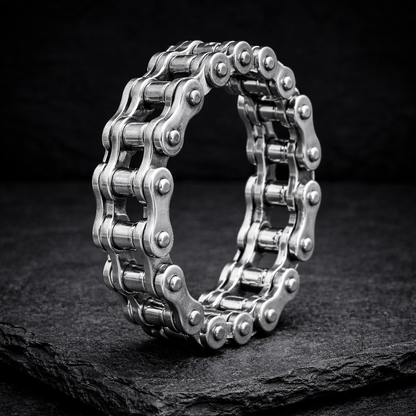 Biker band and motorcycle chain ring by indigo.jewelry, unique statement ring with industrial design and spinner band features, handcrafted for a heavy moto ring look.