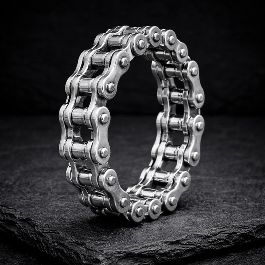 Biker band and motorcycle chain ring by indigo.jewelry, unique statement ring with industrial design and spinner band features, handcrafted for a heavy moto ring look.