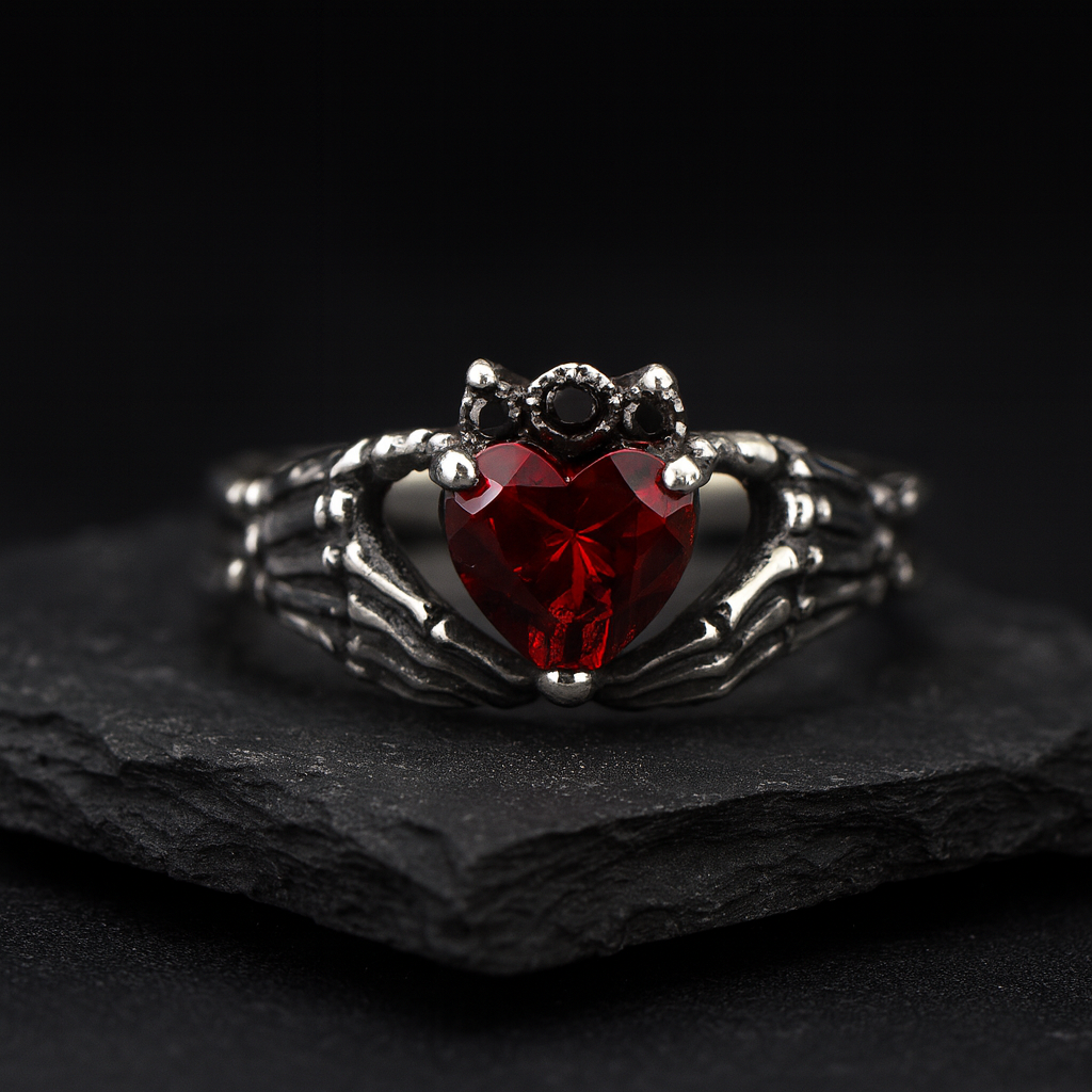 A ring with a red gemstone, resembling a heart, is displayed against a dark background.