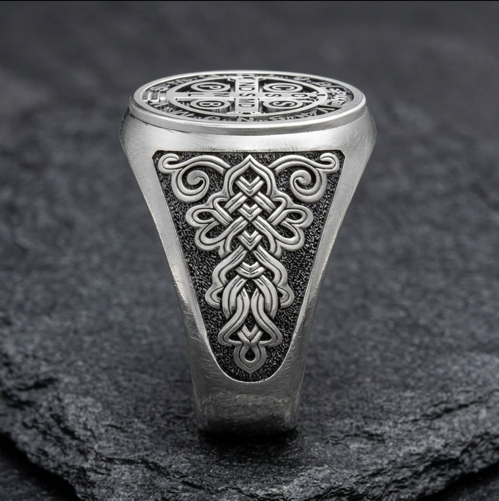 Saint Benedict Exorcism Medal Mens Signet Ring