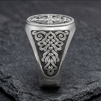 Saint Benedict Exorcism Medal Mens Signet Ring
