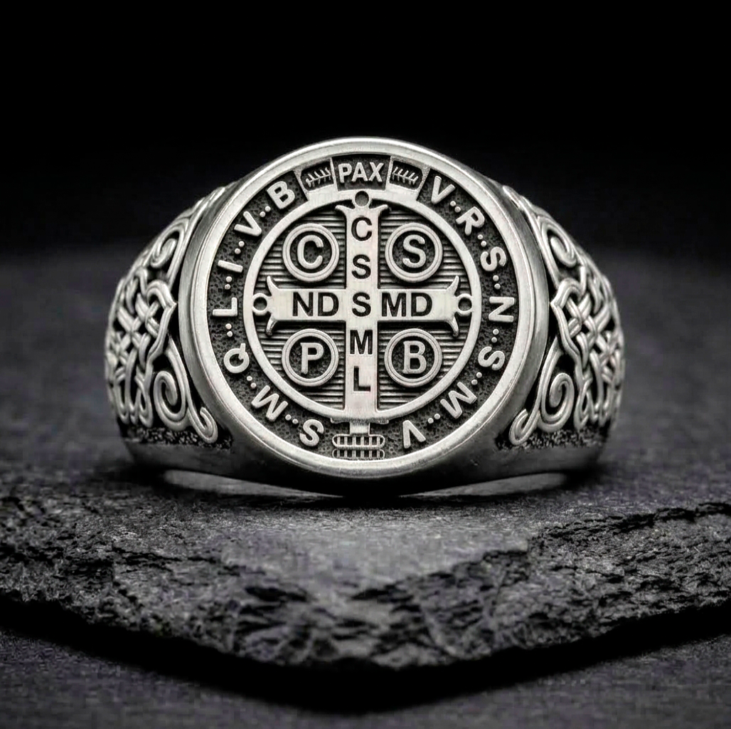 Saint Benedict Exorcism Medal Mens Signet Ring