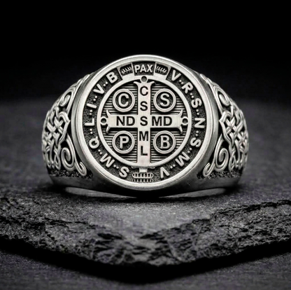 Saint Benedict Exorcism Medal Mens Signet Ring
