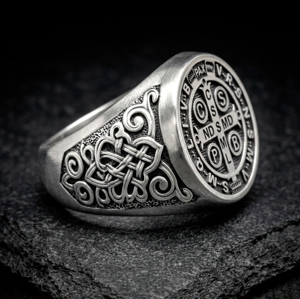 Saint Benedict Exorcism Medal Mens Signet Ring