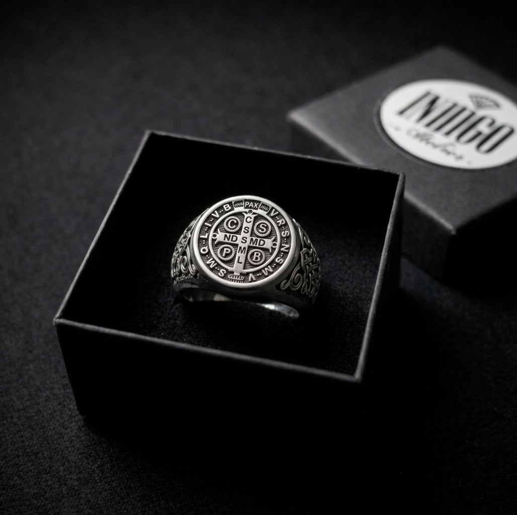 Saint Benedict Exorcism Medal Mens Signet Ring