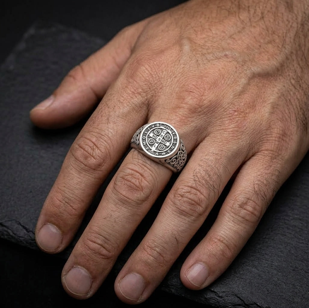 Saint Benedict Exorcism Medal Mens Signet Ring