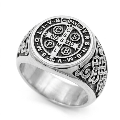 Saint Benedict Exorcism Medal Mens Signet Ring