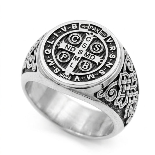 Saint Benedict Exorcism Medal Mens Signet Ring