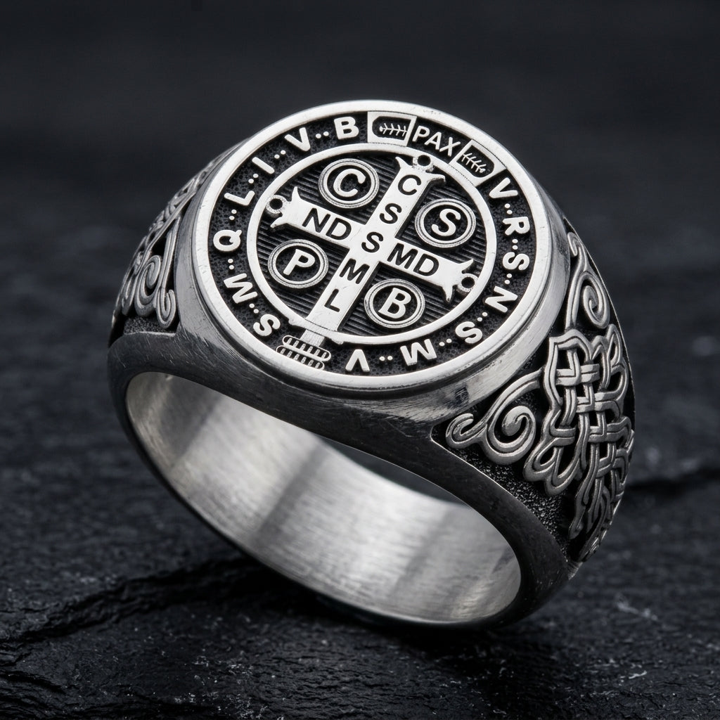 Saint Benedict Exorcism Medal Mens Signet Ring