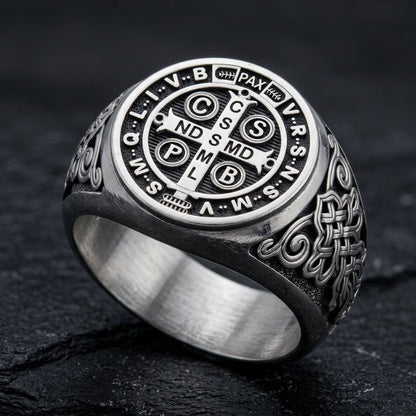 Saint Benedict Exorcism Medal Mens Signet Ring