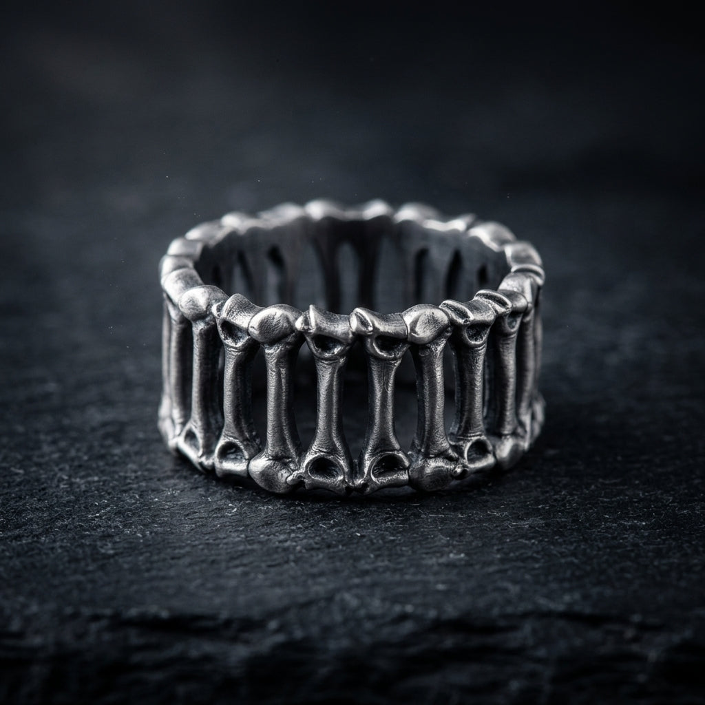 The 'Eternal Bones' ring is a symbol of eternity and the inevitability of time. Its intricate anatomical design embraces the philosophy of Memento Mori, reminding us of life's fragility and the strength of the spirit. A unique sterling silver piece for those who appreciate deep symbolism and bold aesthetics.