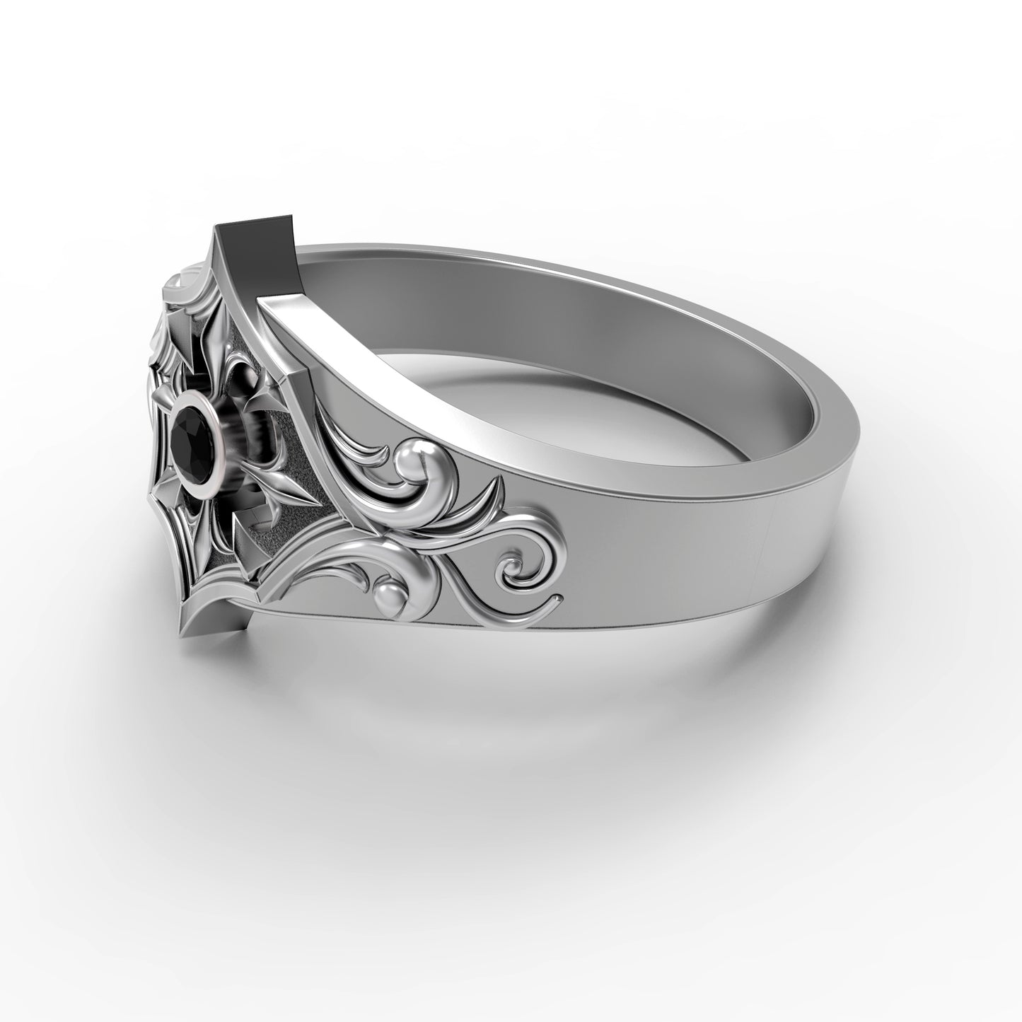 Gothic engagement ring for women made of oxidized 925 sterling silver with a round black zircon gemstone. Inspired by medieval, Viking, and knightcore aesthetics. Features floral scrollwork reminiscent of ancient armor. Ideal for gothic weddings, fantasy lovers, or alternative proposals. Handcrafted by INDIGO Jewelry for symbolic unions and meaningful expressions of devotion.