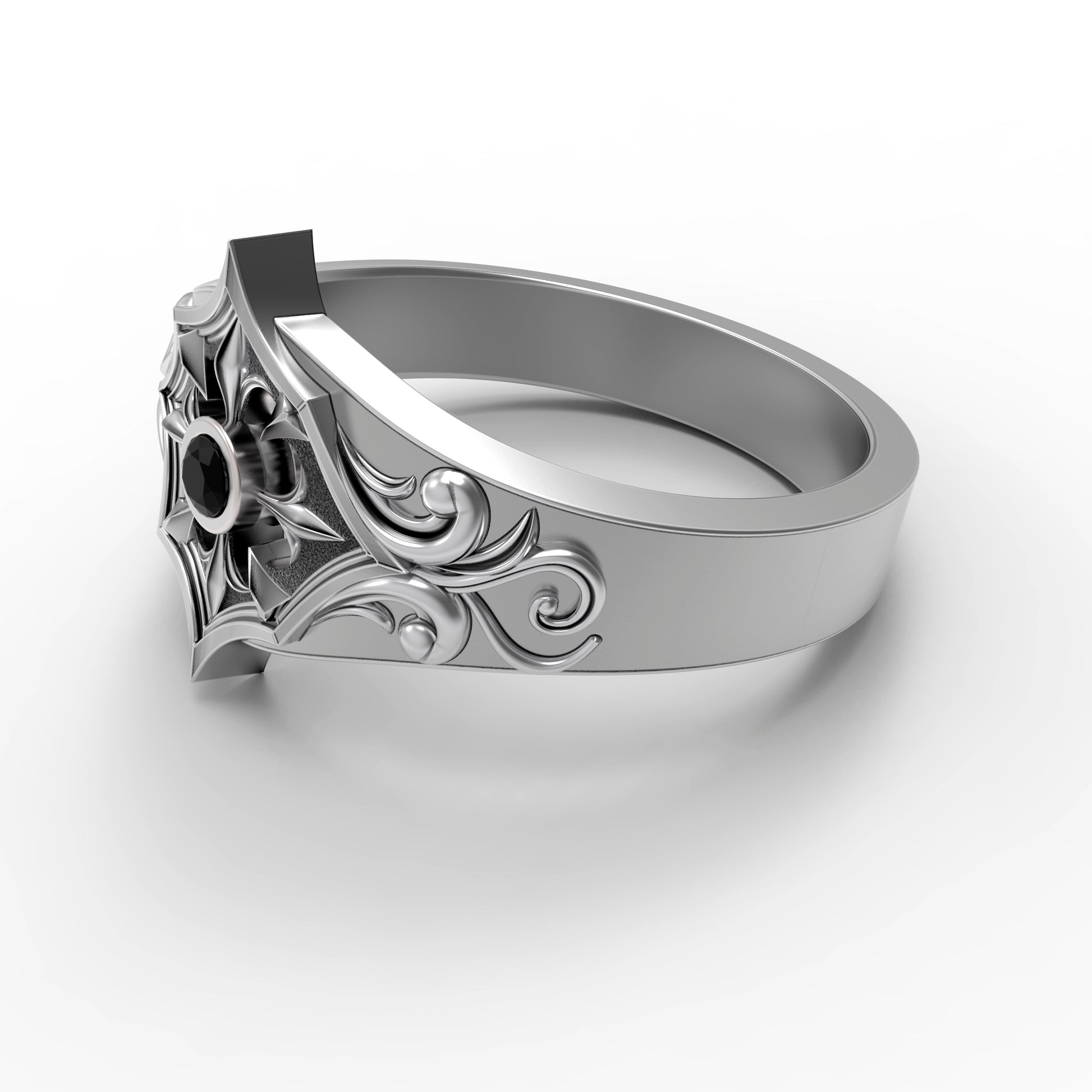 Gothic engagement ring for women made of oxidized 925 sterling silver with a round black zircon gemstone. Inspired by medieval, Viking, and knightcore aesthetics. Features floral scrollwork reminiscent of ancient armor. Ideal for gothic weddings, fantasy lovers, or alternative proposals. Handcrafted by INDIGO Jewelry for symbolic unions and meaningful expressions of devotion.