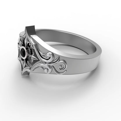 Gothic engagement ring for women made of oxidized 925 sterling silver with a round black zircon gemstone. Inspired by medieval, Viking, and knightcore aesthetics. Features floral scrollwork reminiscent of ancient armor. Ideal for gothic weddings, fantasy lovers, or alternative proposals. Handcrafted by INDIGO Jewelry for symbolic unions and meaningful expressions of devotion.