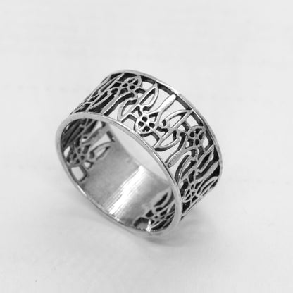 Sterling silver Ukrainian trident ring, also known as Tryzub ring, symbol of freedom and national heritage jewelry. Wide band unisex ring with ornate ethnic filigree design, perfect as a patriotic ring, heritage ring, or gift ring for men and women. Elegant yet powerful symbol ring representing Ukraine. Handcrafted solid 925 silver ring, oxidized finish for contrast. Exclusive design by INDIGO Jewelry, artisan quality jewelry with cultural meaning and timeless style.