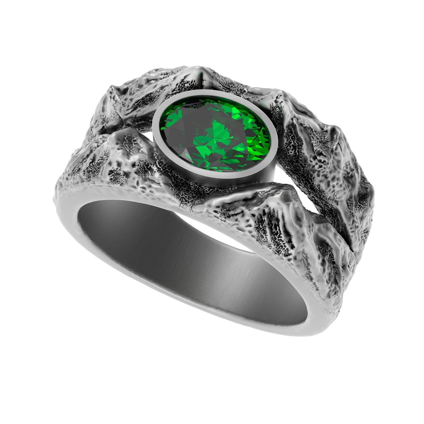 Oxidized sterling silver ring with natural forest green topaz gemstone framed by mountain peaks on both sides. Handmade nature jewelry inspired by mountains and wilderness. Unique men’s statement ring or unisex gift, rustic style, perfect as engagement ring, wedding band, anniversary gift, or outdoor lover jewelry. Crafted in 925 silver with detailed mountain design.